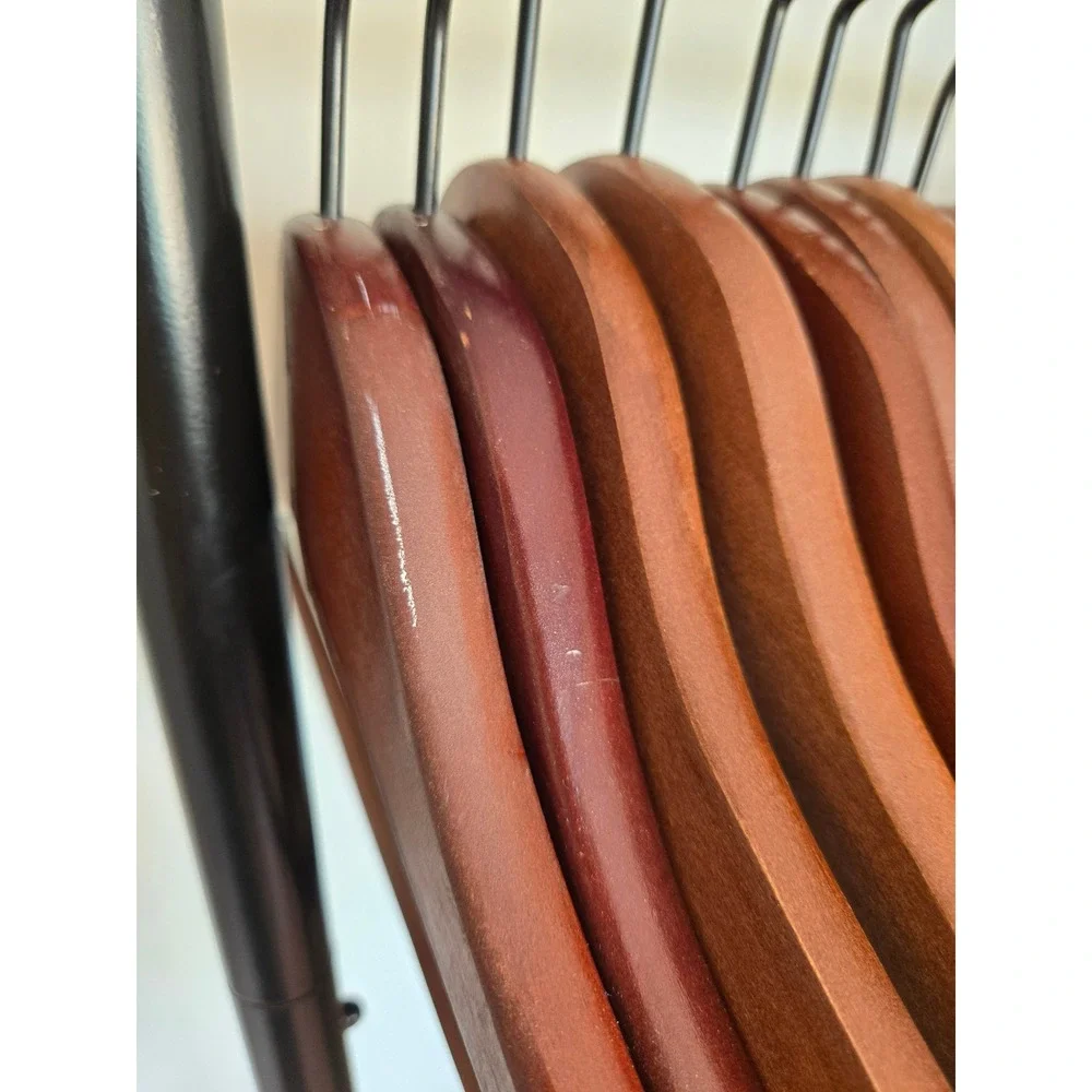 Set of 12 Mahogany Wood Hangers Black Metal Hook Contoured Shoulder Brown
